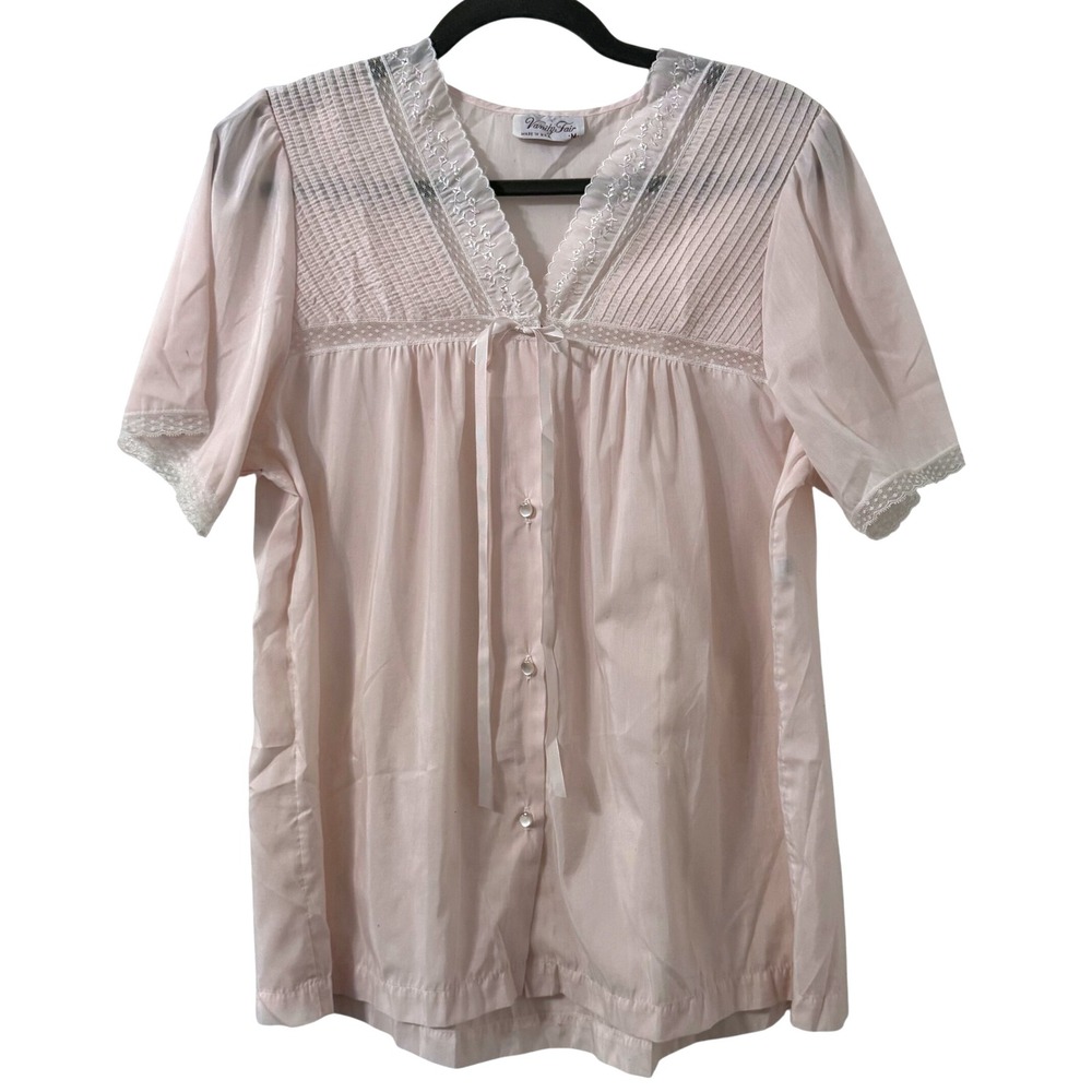 VTG Vanity Fair Top‎ M Pale Pink Nightgown Lace Trim Babydoll Peasant